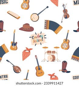 Seamless Pattern Featuring Country Music Instruments Such As Guitar, Banjo, Drums And Fiddle, Vector Illustration