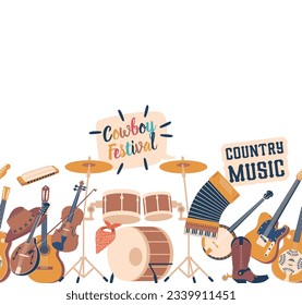 Seamless Pattern Featuring Country Music Instruments Like Guitar, Banjo, And Fiddle, Cartoon Vector Illustration