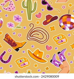 A seamless pattern featuring cowboy boots, cacti, and disco balls on a yellow background, vector illustration in a playful style.