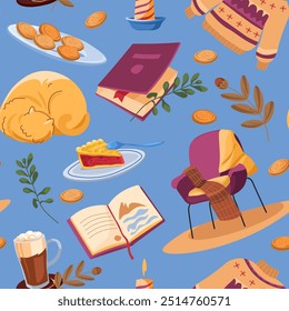 A seamless pattern featuring cozy autumn elements like books, cookies, and a sleeping cat in a warm color palette. This vector illustration is perfect for seasonal designs