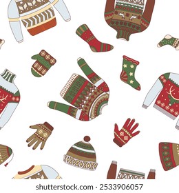 Seamless pattern featuring cozy winter sweaters, gloves, socks, and hats in festive colors. Perfect for holiday-themed projects. Vector illustration isolated on white background.