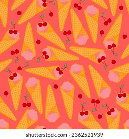 seamless pattern featuring crispy waffle cups with pink cherry ice cream