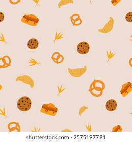 Seamless pattern featuring croissants, cupcakes, cookies, pastries and spikelets of wheat. The pattern is done in warm colors and the products are arranged in random order.