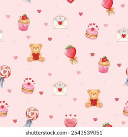 Seamless pattern featuring cupcakes, teddy bears, strawberries, love letters on a pink background. Ideal for Valentine’s Day designs, gift wrapping, and fabric prints.