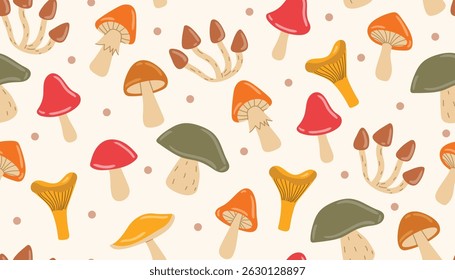 Seamless pattern featuring cute autumn mushrooms and scattered dots. Warm and cozy design, perfect for seasonal fabric, wrapping paper, or fall-themed decor.