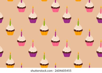 A seamless pattern featuring cute birthday cupcakes with lit candles. Perfect for party decorations, fabric designs, wrapping paper, and greeting cards