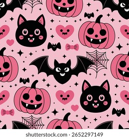 A seamless pattern featuring cute black cats, smiling pink pumpkins with fangs, and black bats with white eyes on a pink background with hearts and stars.