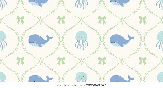 Seamless pattern featuring cute blue whales and smiling jellyfish with soft green bows on a light cream background ideal for baby fabric and cute nursery wallpapers