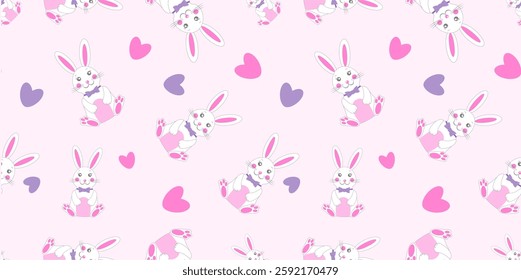 Seamless pattern featuring cute bunnies and colorful hearts, perfect for Easter celebrations and festive designs