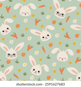 A seamless pattern featuring a cute bunny, bright carrots, and delicate flowers. Perfect for Easter, kids' prints, textiles, and festive designs. 