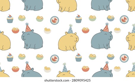 Seamless pattern featuring cute capybaras wearing party hats alongside snacks, cupcakes, and fruit slices for a fun celebration design.