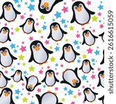 Seamless pattern featuring cute cartoon penguins with big eyes, scattered among colorful stars on a white background.
Playful and vibrant design ideal for kids’ fabric, wallpapers, or wrapping paper.