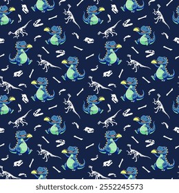 Seamless pattern featuring cute cartoon dinosaurs and fossil skeletons on a dark blue background, perfect for kids' designs, textiles, and playful decorations