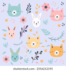 A seamless pattern featuring cute cartoon animals like cats, rabbits, and more in a fun and colorful design.