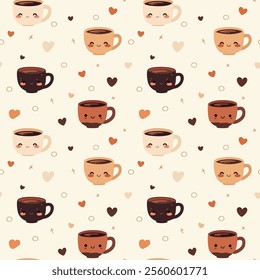 A seamless pattern featuring cute cartoon coffee cups with happy faces. The cups come in various colors and are surrounded by hearts and other decorative elements.