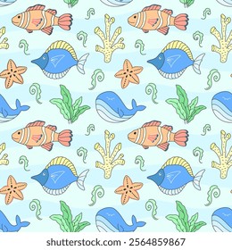 A seamless pattern featuring cute cartoon fishes, whales, starfishes, and corals