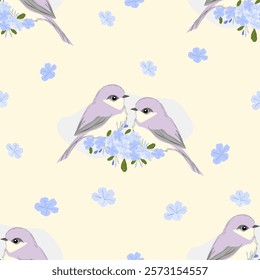 seamless pattern featuring cute cartoon pair of birds and nature-inspired elements such as blue flowers in a spring or summer design for wallpaper, textiles, bedding, background, and designg packaging