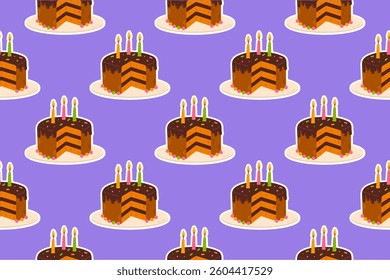 A seamless pattern featuring a cute cartoon chocolate birthday cake with lit candles. Perfect for wrapping paper, fabric prints, wallpapers, and party decorations.