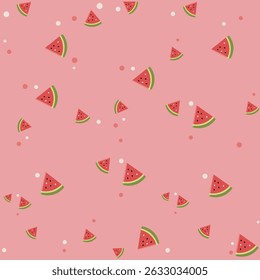 Seamless pattern featuring cute cartoon watermelon slices scattered randomly on a soft pastel pink background for kid's product.