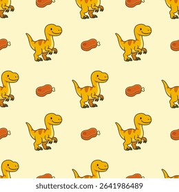 Seamless pattern featuring cute cartoon velociraptors and meat on a light yellow background. Perfect for kids’ designs and playful prints