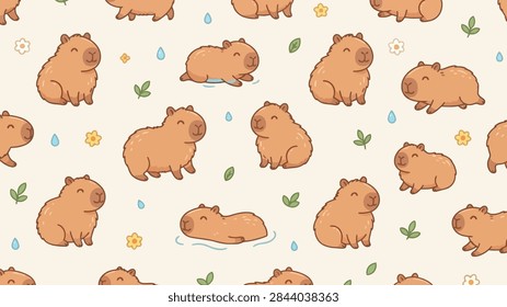 A seamless pattern featuring cute cartoon capybaras in various poses, surrounded by small flowers, green leaves, and water droplets on a light cream background.