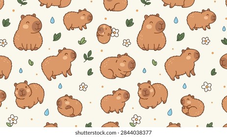 A seamless pattern featuring cute cartoon capybaras, small green leaves, white flowers, and blue water droplets on a light cream background.