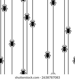 Seamless pattern featuring cute, cartoon-style black spiders scattered on white background. Playful and subtly spooky design, perfect for Halloween or children's themes. Vector illustration.