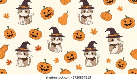 Patrón sin fisuras con lindos gatos en sombreros de bruja, calabazas, hojas de otoño y calabaza sobre un fondo beige claro.