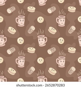 Seamless pattern featuring cute coffee mugs, cookies, and rolls with steam on a warm brown background