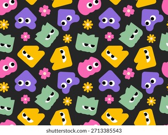 Patrón inconsútil que presenta monstruos abstractos coloridos lindos de la gota y flores en el fondo oscuro para la tela de los niños