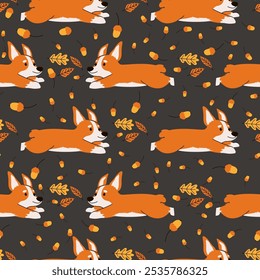 Seamless pattern featuring a cute corgi dog nestled among autumn leaves, capturing a cozy fall vibe.