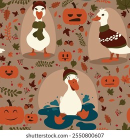 Seamless pattern featuring cute ducks in cozy outfits, autumn leaves, and pumpkins on a warm beige background. Perfect for seasonal designs and festive decor.