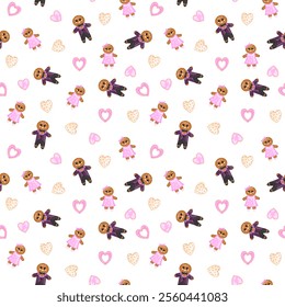 A seamless pattern featuring cute gingerbread characters dressed in pink dresses and purple suits, surrounded by pink and beige hearts on a white background. Whimsical and festive design.