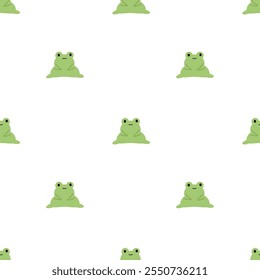 A seamless pattern featuring cute green frogs on a crisp white background. 