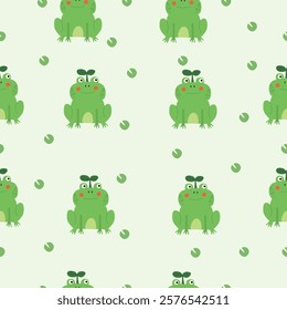 A seamless pattern featuring cute green frogs with leafy accents on a light green background. The repeating design creates a playful and cheerful vibe