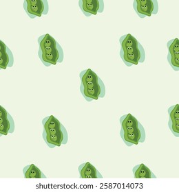 Seamless pattern featuring cute green peas in a pod with smiling faces, on a light green background.