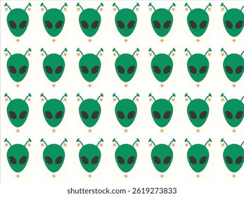 Seamless pattern featuring cute green alien heads with smiling faces and star accents. The retro cartoon style gives the design a playful and futuristic vibe, perfect for kids' products, textiles