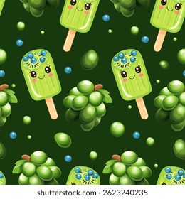Padrão sem emenda com picolés verdes bonitos com mirtilos, pingando cachos de uva verde e mirtilos espalhados em um fundo branco