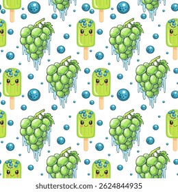 Padrão sem emenda com picolés verdes bonitos com mirtilos, pingando cachos de uva verde e mirtilos espalhados em um fundo branco