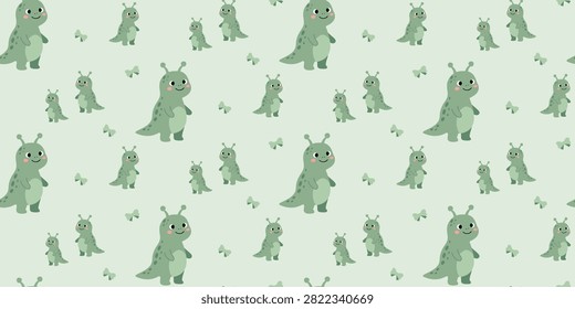 seamless pattern featuring cute green cartoon bugs with antennae playful insect characters on a light green background for kids design