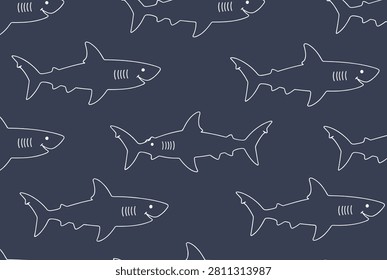 Seamless pattern featuring cute hand drawn white outlines of sharks swimming in a deep blue ocean background.
