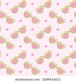 A seamless pattern featuring cute heart-shaped sunglasses with golden frames and pink lenses on a soft pastel background, perfect for trendy and playful designs-vector illustration