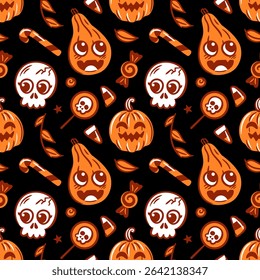 seamless pattern featuring cute kawaii skulls, pumpkins, lollipops. This charming design combines playful elements with a spooky twist, perfect for Halloween-themed products and festive decorations.