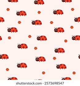 A seamless pattern featuring cute ladybugs and small red flowers on a beige background. The ladybugs are cheerful and cartoonish with bold red and black polka-dot patterns