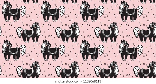 Seamless pattern featuring cute little horses /ponies on baby pink background. Suitable for fabric pattern, children's textile, gift wrap, scrapbooking etc