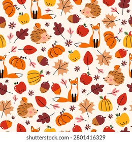 Seamless pattern featuring a cute little fox, hedgehog, pumpkin, apple, and autumn leaf. Background with forest animal and harvest elements. Decorative autumn print. Vector.
