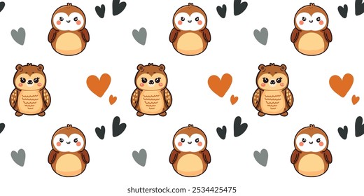 Seamless pattern featuring cute owls and hearts, drawn in a cartoon style, vector illustration for children's projects and decorative design