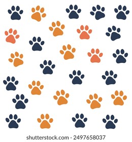 A seamless pattern featuring cute paw prints in navy blue, orange, and coral on a white background. This playful design is perfect for pet-themed projects, textiles, children's decor, wrapping paper, 