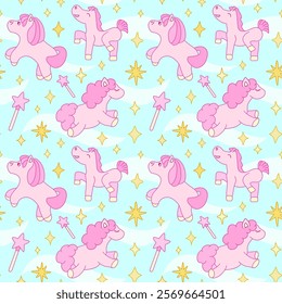 A seamless pattern featuring cute pink cartoon ponies, stars, and magic wands