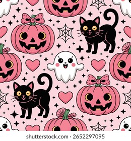 A seamless pattern featuring cute pink pumpkins with bows, black cats with yellow eyes, friendly ghosts, and black spiderwebs on a light pink background with scattered stars and hearts.